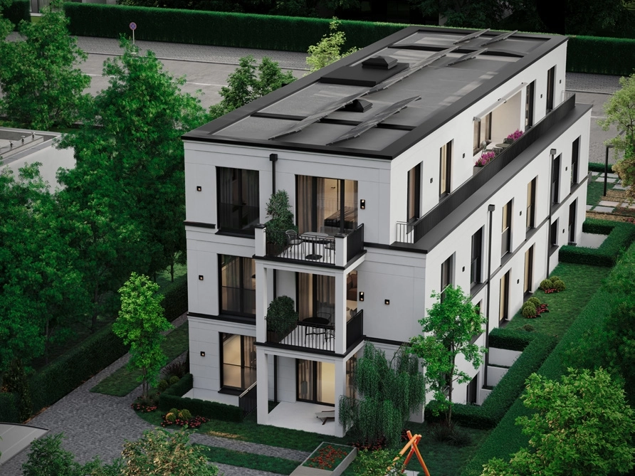 Luftaufnahme der Villa Oberalster mit begrünten Außenanlagen und Photovoltaikanlage
