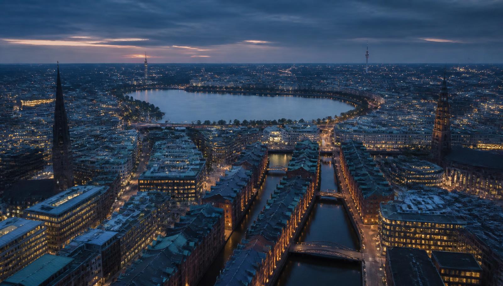 Hamburg mit Alster und Speicherstadt zur blauen Stunde